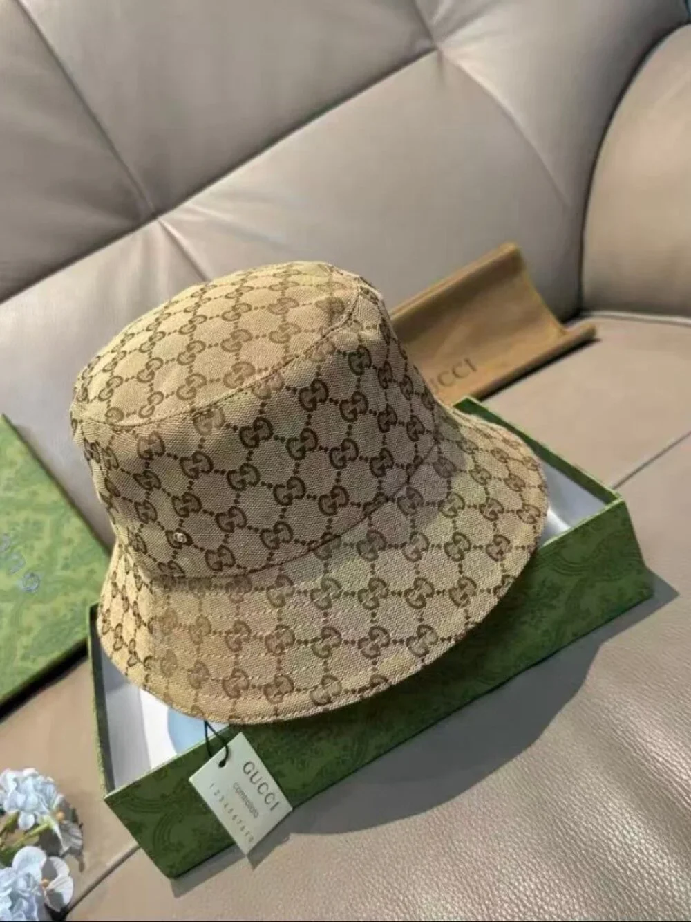 Gucci Beige GG Monogram Bucket Hat Canvas Sun Hat